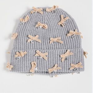 NWT Lele Sadoughi Bow Embellished Dangle Beaded Beanie in Dove Grey $175 MSRP